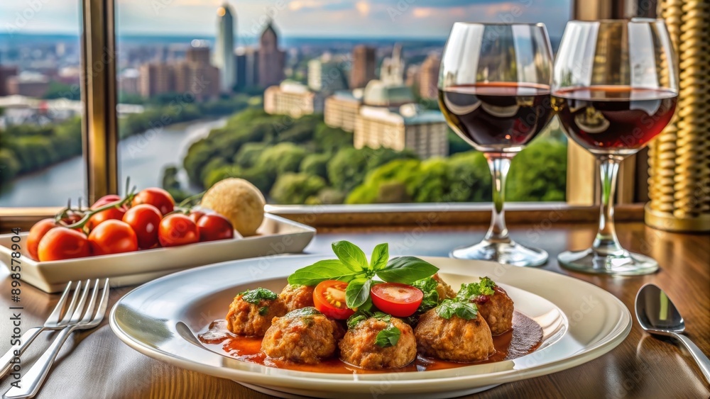 Albóndigas en un plato decorado con albahaca y tomates cherry, acompañadas de dos copas de vino tinto con una vista panorámica de la ciudad. La mesa de madera y el ambiente elegante crean un ambiente Albóndigas en un plato decorado con albahaca y tomates cherry, acompañadas de dos copas de vino tinto con una vista panorámica de la ciudad. La mesa de madera y el ambiente elegante crean un ambiente