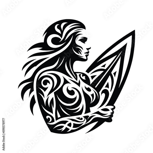 Surfer  female player in ethnic tribal pattern illustration, emblem shield badge