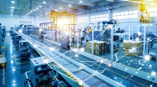 Automated Smart Factory with Interconnected Mesh Representing Industry 4 0 Innovations photo