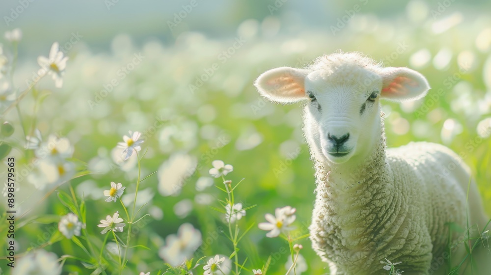 sheep on the field, panorama green field, flower bokeh background sheep on the field, panorama green field, flower bokeh background