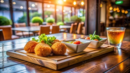 Croquetas servidas con ensalada y salsas en un ambiente acogedor de restaurante con luces suaves y bebidas refrescantes, ideal para una cena informal. photo