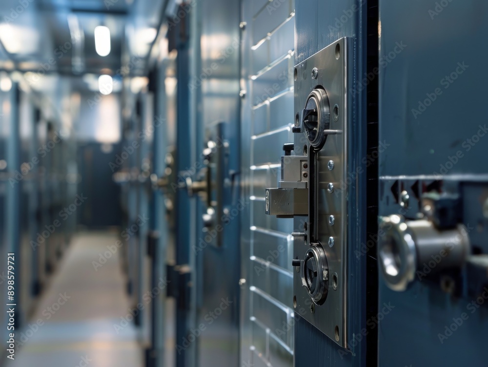 A row of steel doors with complex locking mechanisms in a secure facility. A row of steel doors with complex locking mechanisms in a secure facility.