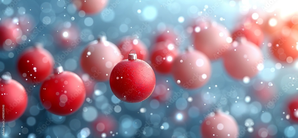 Festive red and pink Christmas baubles float against a glittering bokeh background, capturing the holiday spirit in a dreamy scene. Festive red and pink Christmas baubles float against a glittering bokeh background, capturing the holiday spirit in a dreamy scene.