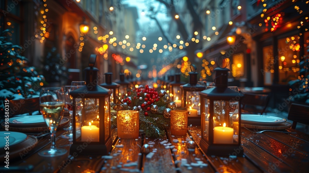 Elegant outdoor holiday dinner table with candles, lanterns, and festive decorations creating a warm inviting ambiance on a winter evening Elegant outdoor holiday dinner table with candles, lanterns, and festive decorations creating a warm inviting ambiance on a winter evening