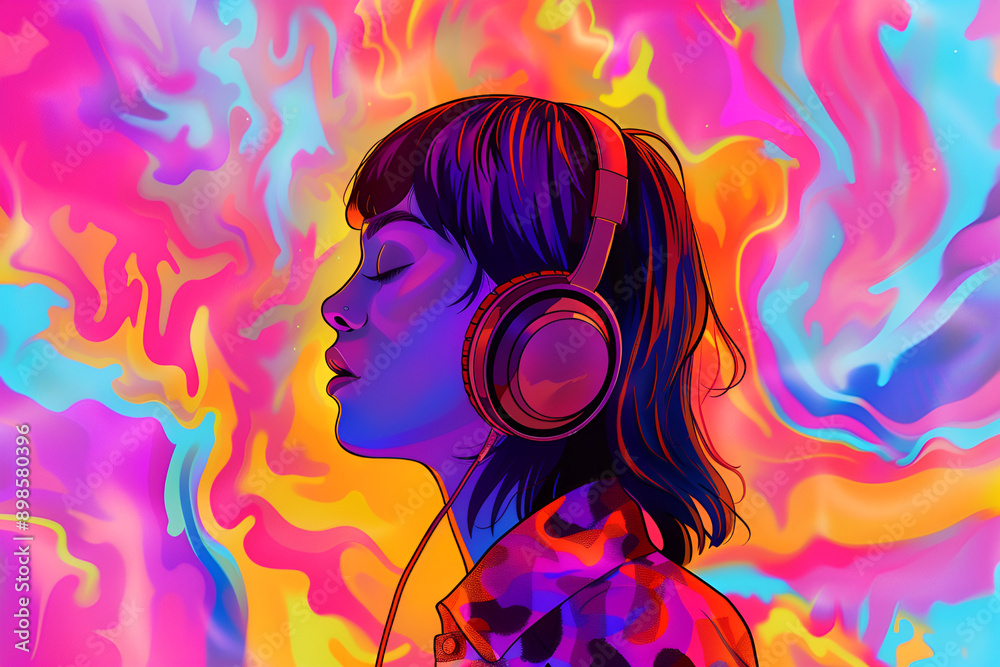 Ultra-realistic artistic portrait of a cartoon girl with headphones, vivid surreal background, capturing mental health and auditory hallucinations Ultra-realistic artistic portrait of a cartoon girl with headphones, vivid surreal background, capturing mental health and auditory hallucinations