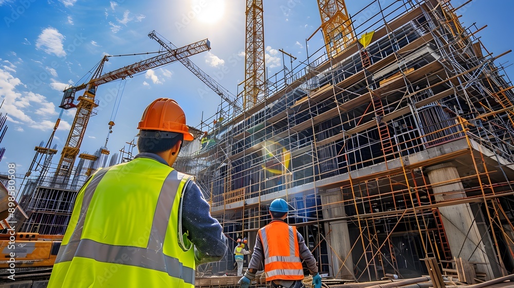 Fototapeta premium Bustling Construction Site with Cranes Scaffolding and Safety Geared Workers
