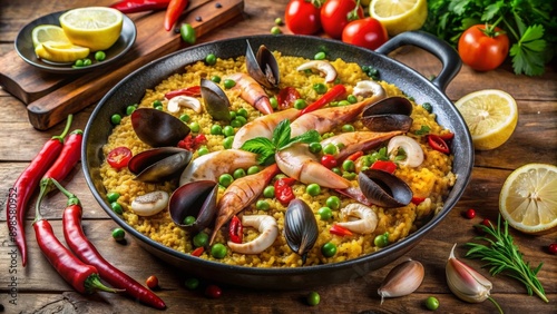 Paella tradicional de mariscos con mejillones, langostinos y arroz amarillo, rodeada de ingredientes frescos como pimientos y limones en un entorno colorido.