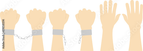 Hands with and without chains. The concepts of freedom and slavery. Hands in bracelets with broken chains.