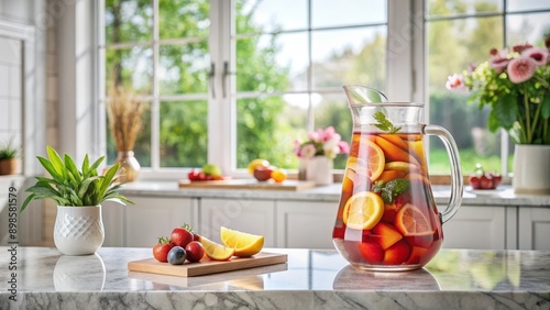 Un jarro de sangría lleno de frutas frescas en una cocina iluminada por el sol. La vista al jardín a través de las ventanas da una sensación de frescura y vitalidad a la escena. photo