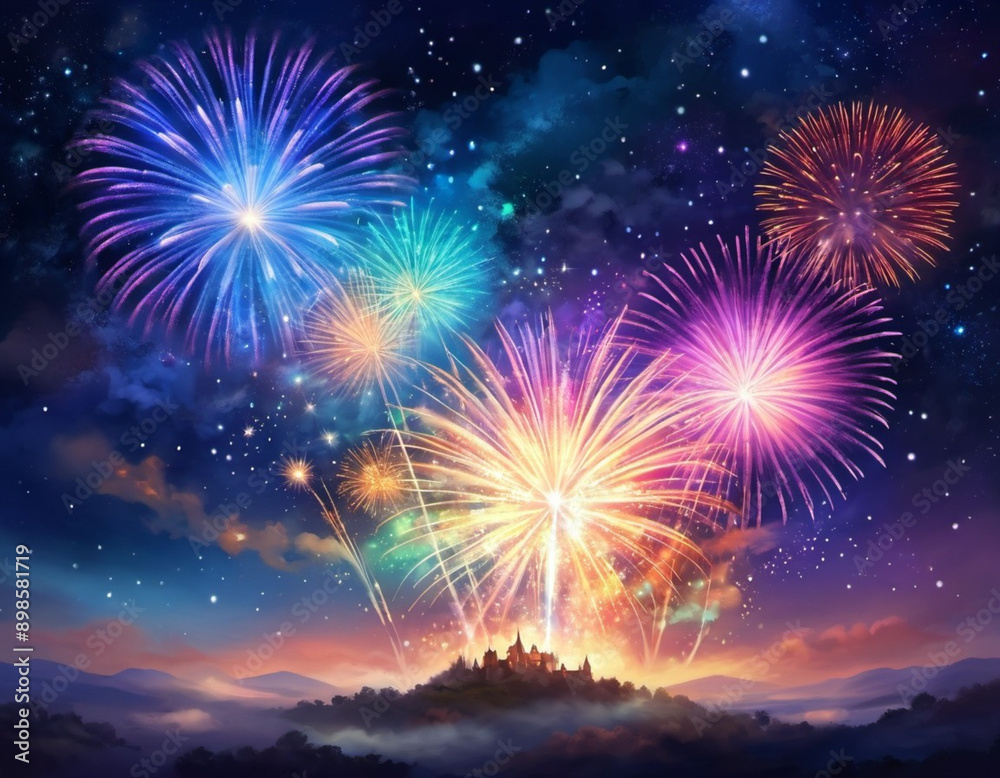 A vibrant display of fireworks lights up the night sky. Large bursts of light illuminate the dark canvas above, creating a mesmerizing spectacle of color and movement. Generated AI. Festive background