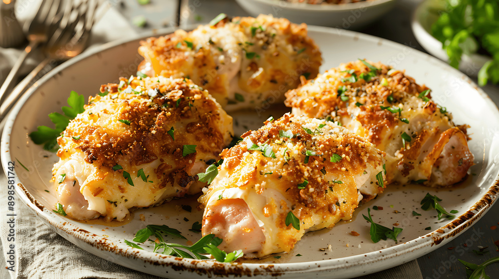Crispy Breaded Chicken Cutlets with Parsley Garnish. Crispy Breaded Chicken Cutlets with Parsley Garnish.