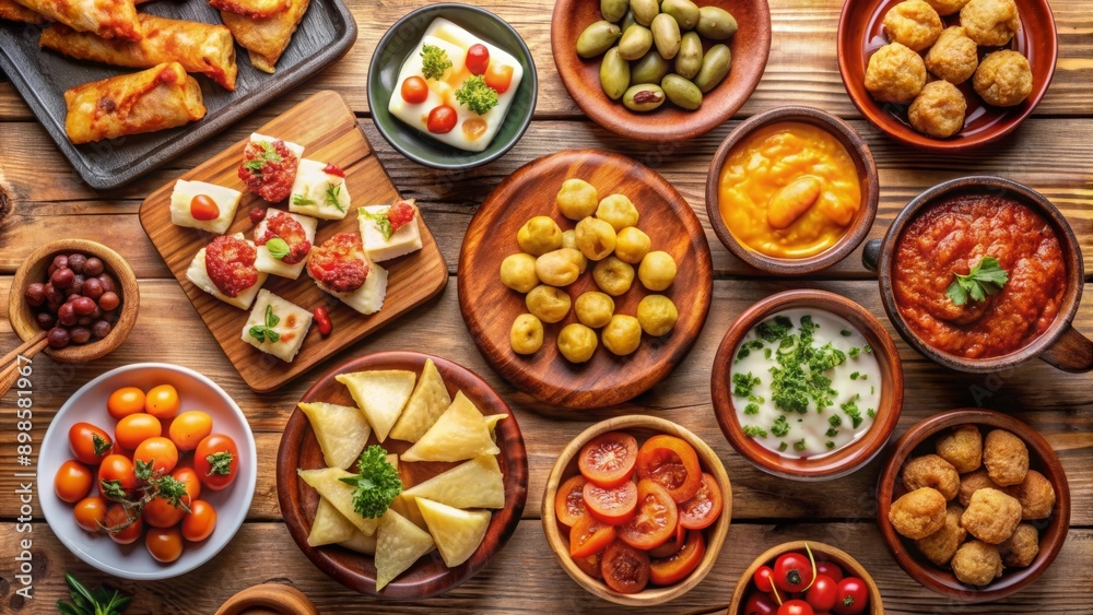 Deliciosa selección de tapas españolas servidas en tazones de barro sobre una mesa de madera, perfecta para un evento social o una comida informal. Deliciosa selección de tapas españolas servidas en tazones de barro sobre una mesa de madera, perfecta para un evento social o una comida informal.