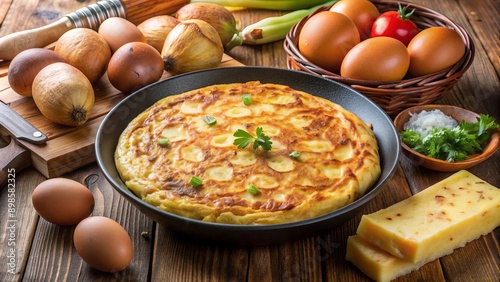 Tortilla española con papas y cebolla rodeada de ingredientes frescos como huevos y queso.