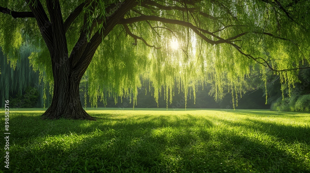 Fototapeta premium sunlit through willow tree branch beautiful nature background wallpaper 