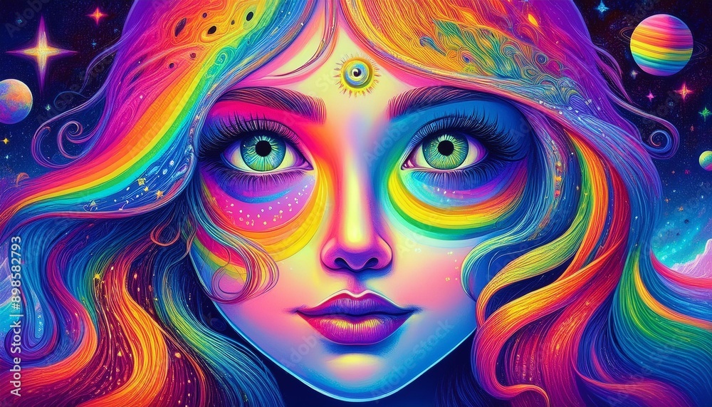 A girl with rainbow eyes in the space