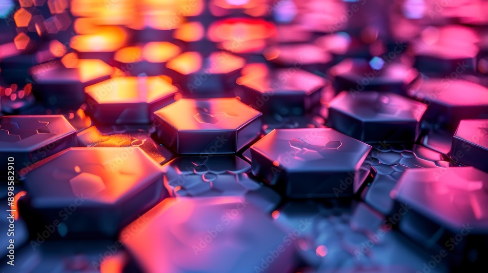 Obraz premium Abstract hexagonal patterns with vibrant colors and reflective surfaces.