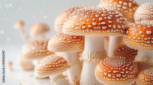 Cluster of vibrant orange and white amanita muscaria mushrooms stand tall, showcasing their unique spotted caps © ProVector