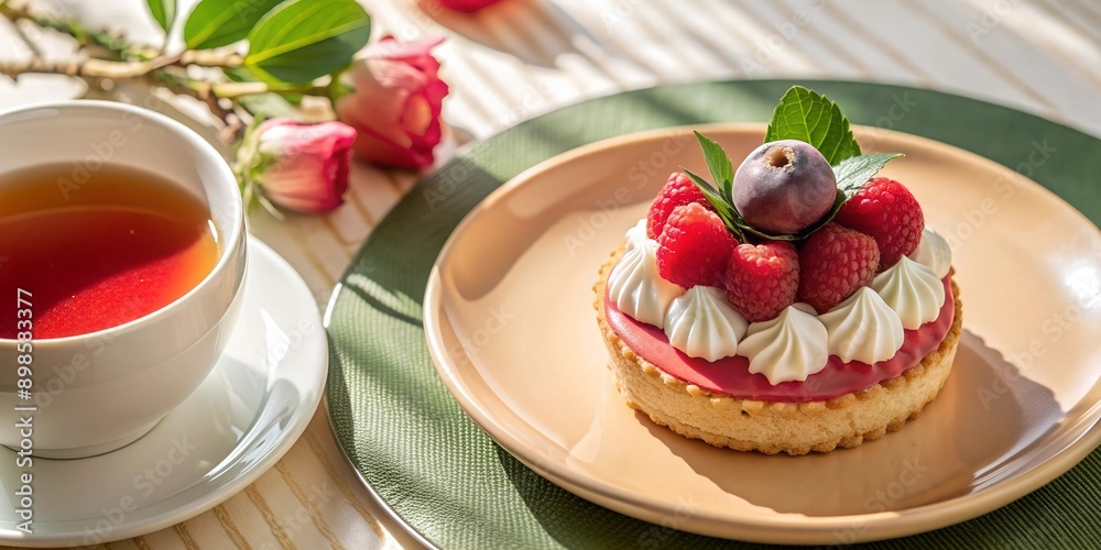 An elegantly arranged dessert on a plate, next to a cup of tea on a white table. An elegantly arranged dessert on a plate, next to a cup of tea on a white table.