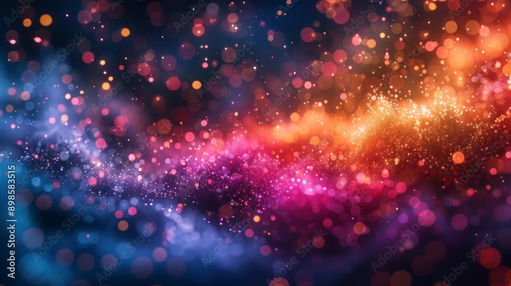 Burst of colorful abstract particles against a dark background.