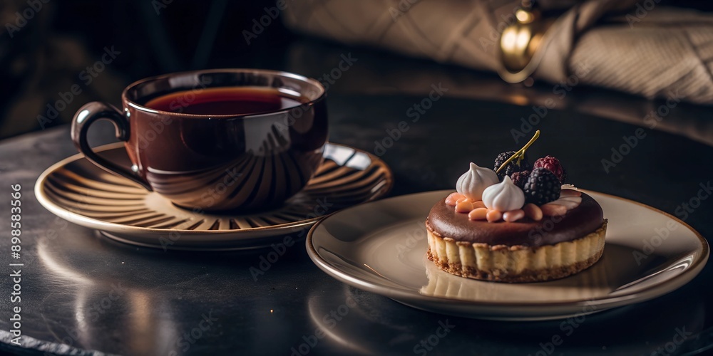 An elegantly arranged dessert on a plate, next to a cup of tea on a white table.