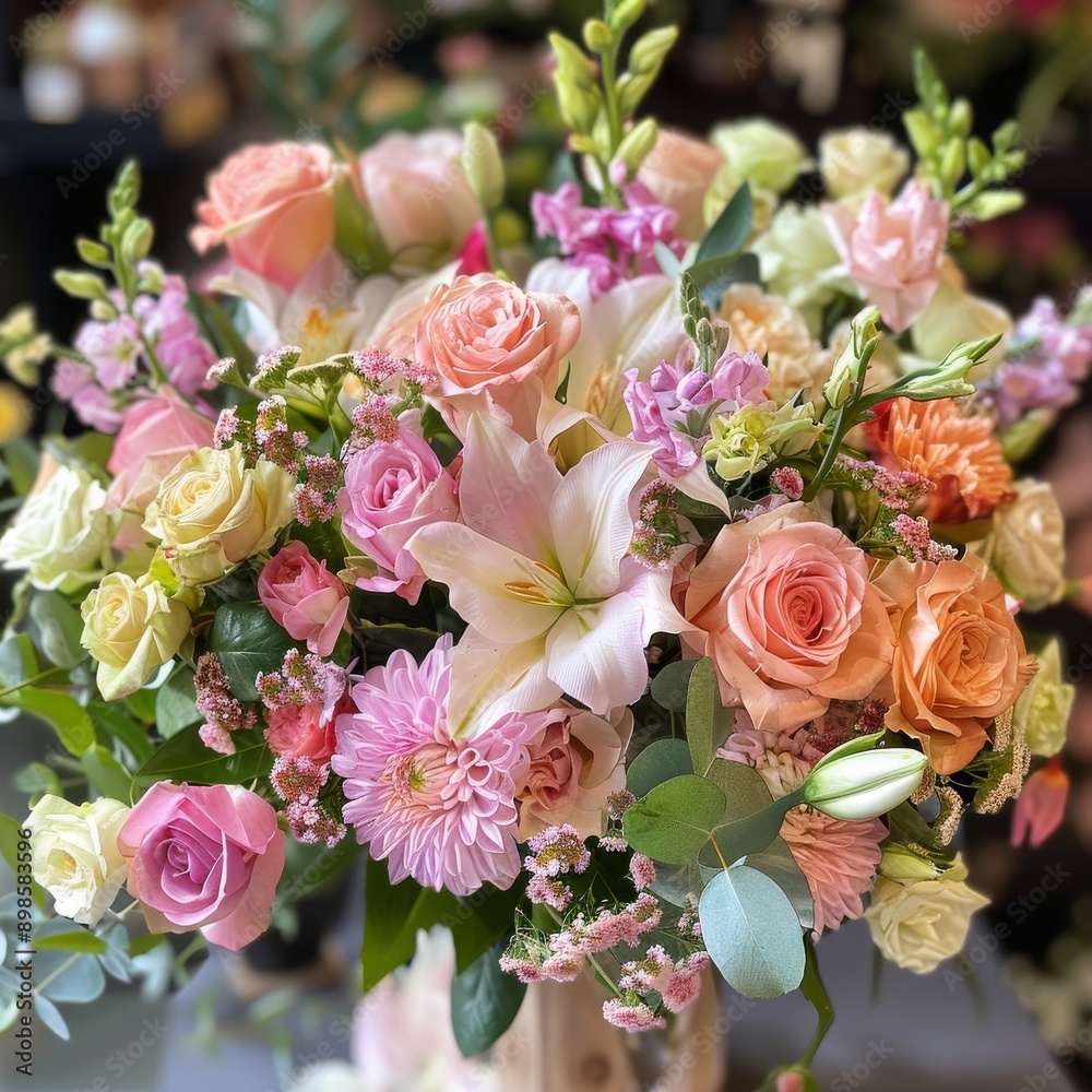 A vibrant bouquet of pink, peach, and white flowers, including roses, lilies, and other blooms, arranged in a lush display. A vibrant bouquet of pink, peach, and white flowers, including roses, lilies, and other blooms, arranged in a lush display.