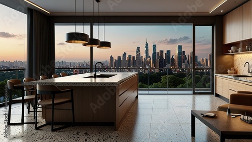 Modern style luxury interior with city view 3d render, There are terrazzo floor decorated wall with hidden light