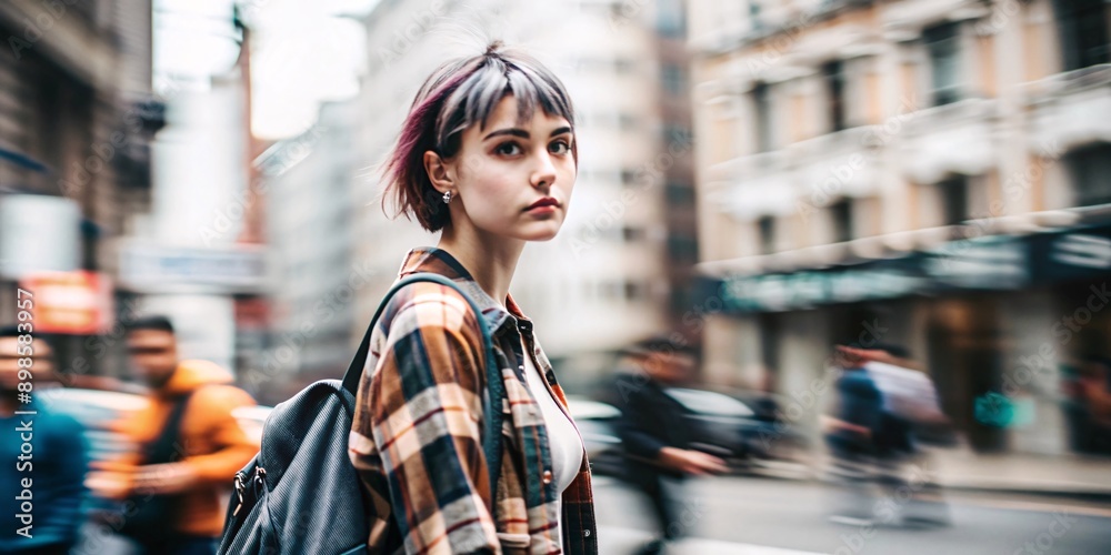 Fototapeta premium Navigating the City Streets. A young woman with stylish short hair and a plaid shirt walks through a bustling city street, embodying the spirit of urban exploration.