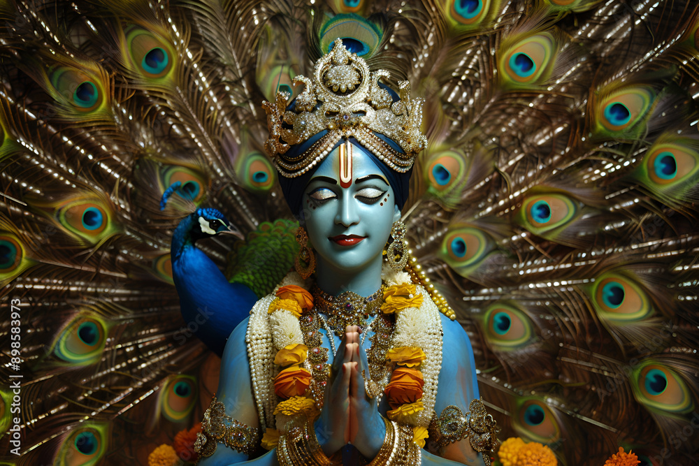 Krishna in a sacred moment with a peacock, janmashtami Krishna in a sacred moment with a peacock, janmashtami