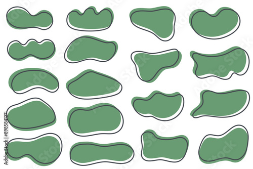 Irregular organic blobs set. Abstract vector round liquid forms on white background. Random fluid bubbles and simple amoeba wavy splashes. Green stain blots and curvy asymmetric stains