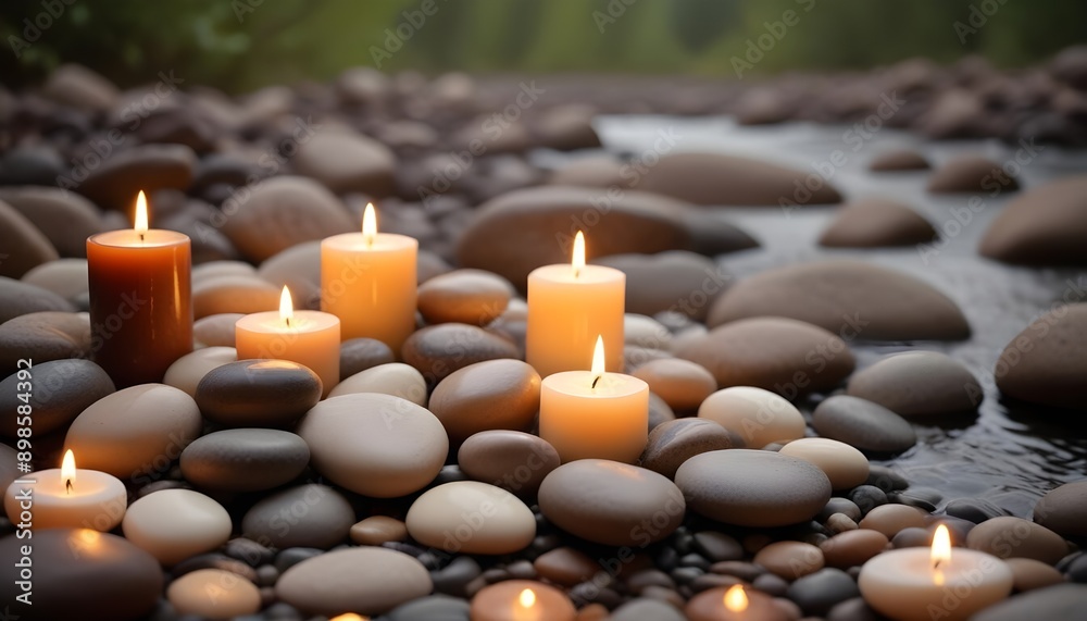 Memoriam candles left by river bank to honor the memory of someone loved and lost with smooth stones and calm water Memoriam candles left by river bank to honor the memory of someone loved and lost with smooth stones and calm water