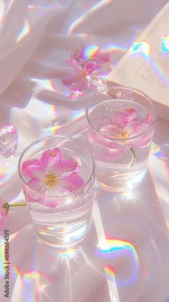 Two Glass Cups with Pink Flowers and Holographic Light Reflections Two Glass Cups with Pink Flowers and Holographic Light Reflections