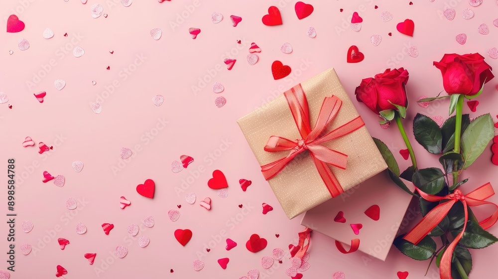 Top view of Valentine's Day ensemble with gift box, red roses, and heart-shaped confetti on pastel pink setting, perfect for heartfelt sentiments Top view of Valentine's Day ensemble with gift box, red roses, and heart-shaped confetti on pastel pink setting, perfect for heartfelt sentiments