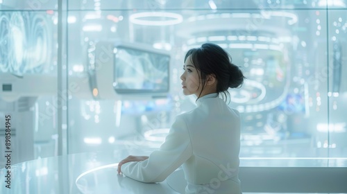Free Download Young woman in futuristic white laboratory looking thoughtful and curious - GFXLoad