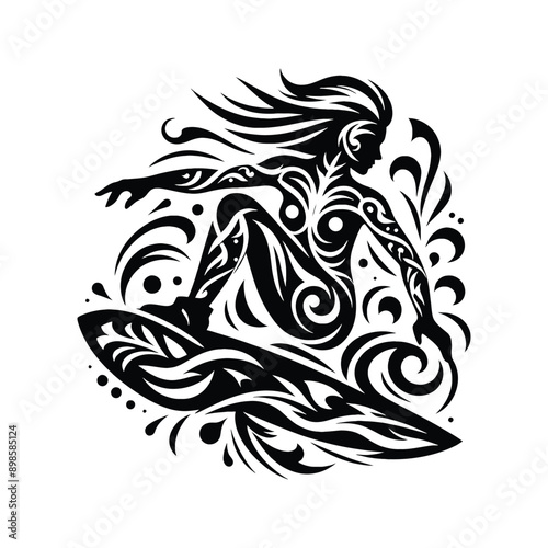 Kitesurfing, Wakeboarding   female player in ethnic tribal pattern illustration, emblem shield badge