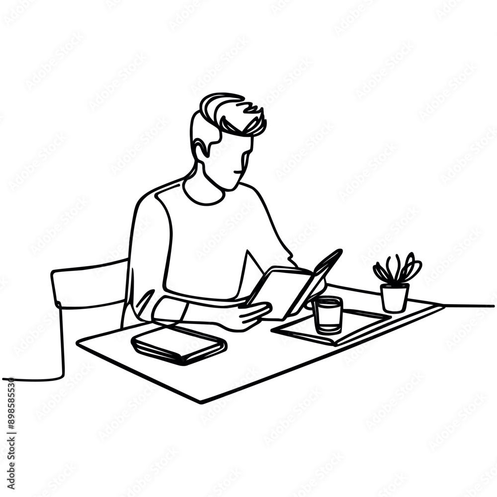 Continuous one line drawing student boy, reading book. Vector graphic illustration. Continuous one line drawing student boy, reading book. Vector graphic illustration.