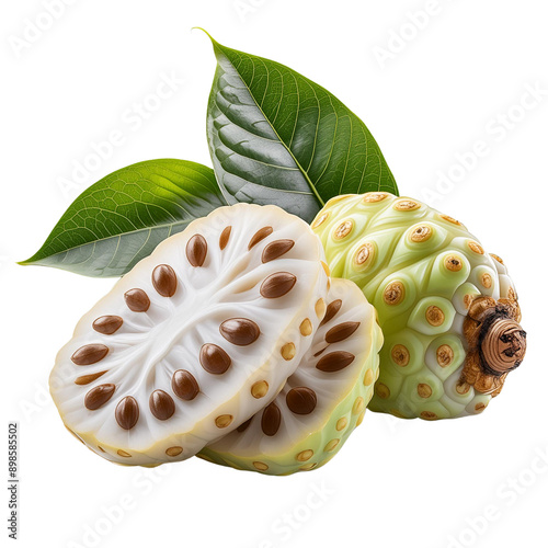 Noni Fruit: A vibrant and healthy noni fruit, sliced and whole, with leaves, isolated on a white background.  The image captures the essence of this tropical fruit, highlighting its unique appearance  photo