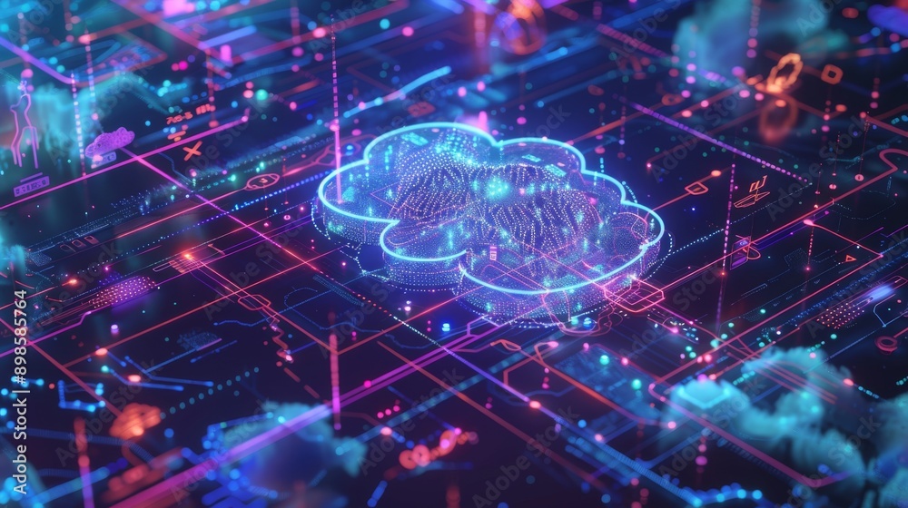 Abstract 3D rendering of a glowing cloud computing symbol with a digital network.  Perfect for technology, innovation, and data concepts.