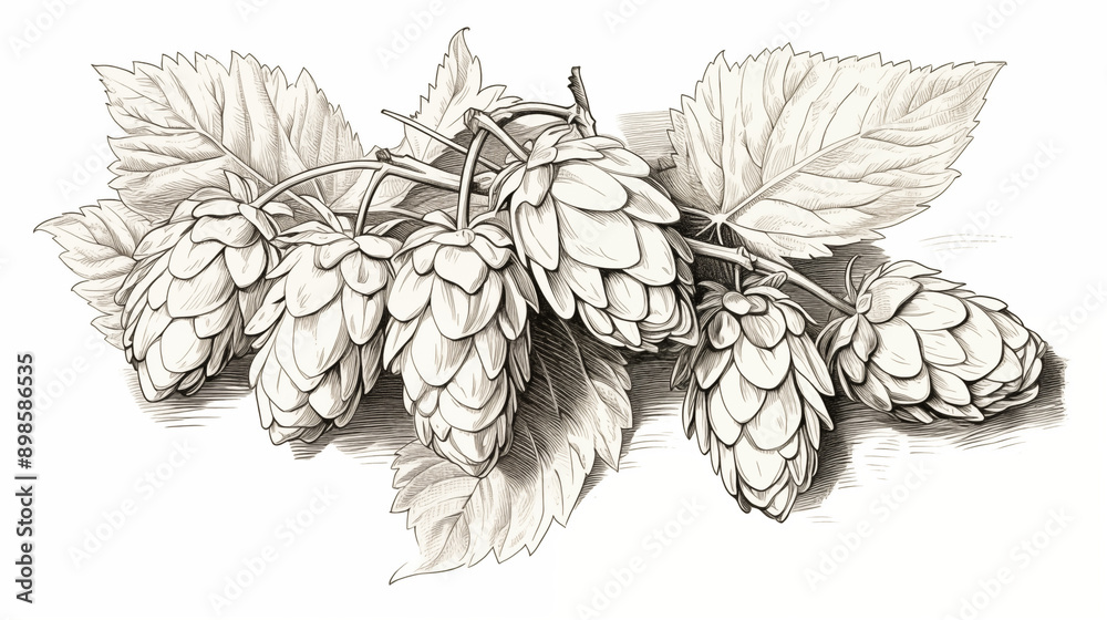 Beer hops branch. Closeup sketch. Hop cones isolated on white background. Beer drink. Hand drawn illustration. Black and white engraving design. Generative AI
Beer hops branch. Closeup sketch. Hop cones isolated on white background. Beer drink. Hand drawn illustration. Black and white engraving design. Generative AI