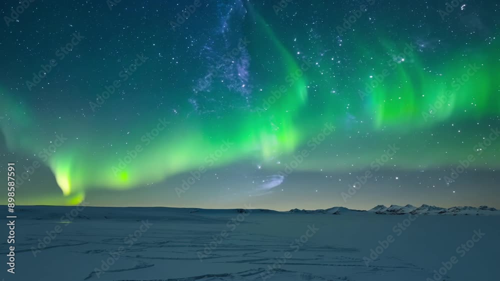 Northern Lights and Milky Way Over Snowy Landscape Twilight Northern Lights and Milky Way Over Snowy Landscape Twilight
