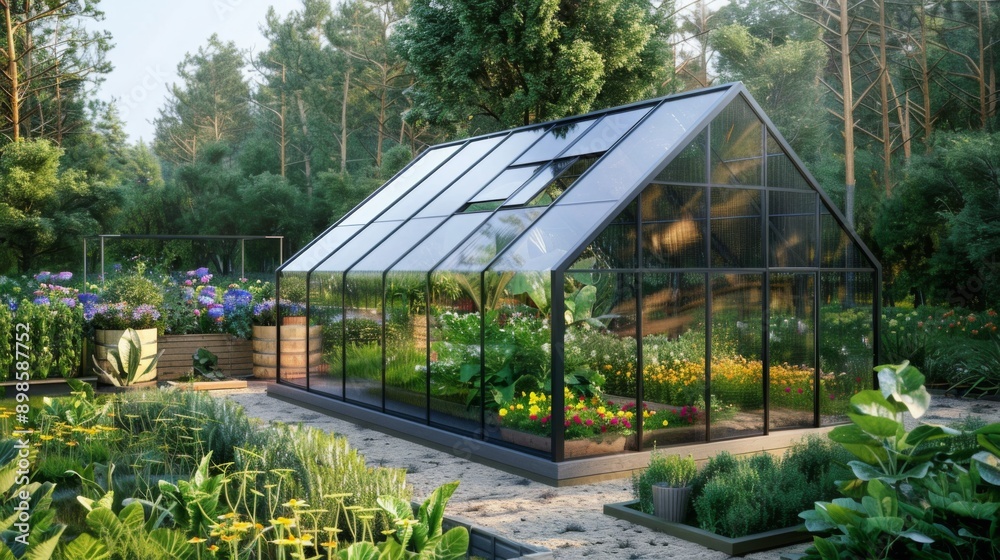 Fototapeta premium A glass greenhouse stands in a lush, green garden surrounded by towering trees. The greenhouse is filled with vibrant plants and flowers.