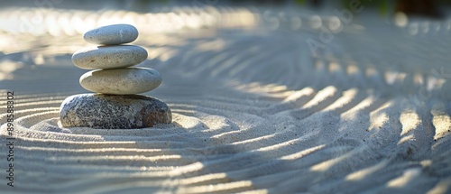 Zen garden, tranquility in simplicity, stones and sand patterns photo