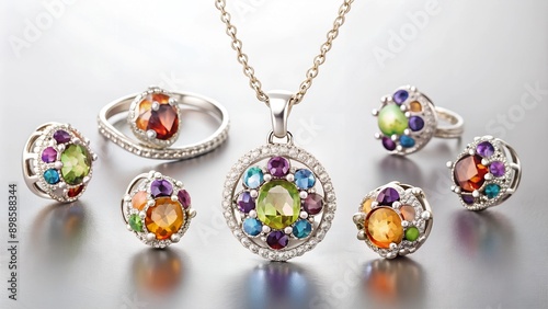 Elegant jewelry set. Jewellery set with gemstones. Product still life concept. Ring, necklace and earrings.