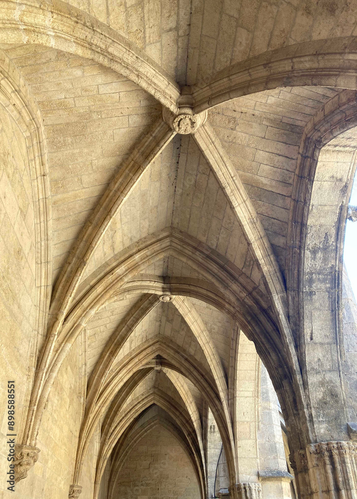 Catedral en un pueblo de Francia. Estilo cátaro. Muros de piedra, claustro, techos, arcos... Detalle techo con crucería Catedral en un pueblo de Francia. Estilo cátaro. Muros de piedra, claustro, techos, arcos... Detalle techo con crucería
