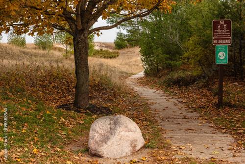 The walkway entrance to the Lake Michigan north beach at Kohler-Andrae State Park, Sheboygan, Wisconsin in late October.
