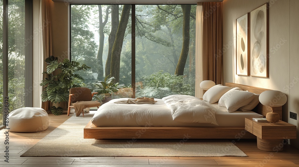 Cozy Bedroom with Large Windows Overlooking Nature, Perfect for Home Decor and Relaxation Content Cozy Bedroom with Large Windows Overlooking Nature, Perfect for Home Decor and Relaxation Content