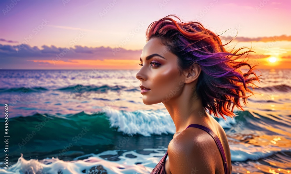 woman with purple hair standing on a beach, looking out at the ocean at sunset. woman with purple hair standing on a beach, looking out at the ocean at sunset.