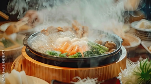 Assorted Shabushi ingredients neatly arranged around a steaming hot pot photo