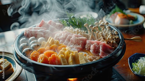 Assorted Shabushi ingredients neatly arranged around a steaming hot pot photo