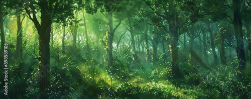 A lush green forest background with tall trees and dappled sunlight filtering through the leaves, creating a tranquil and natural setting.