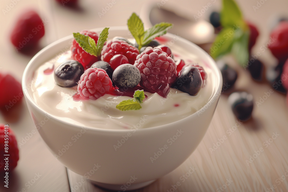 A bowl of fresh berries and yogurt breakfast A bowl of fresh berries and yogurt breakfast